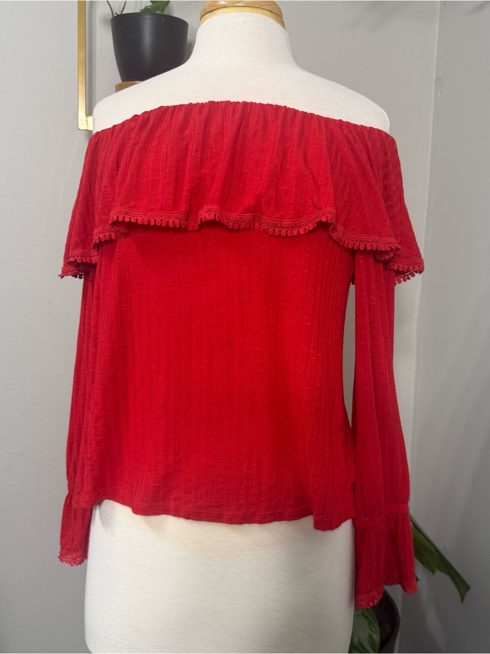 Wrangler Retro Women’s Large Red Off Shoulder Ruffle Peasant Blouse Boho Western